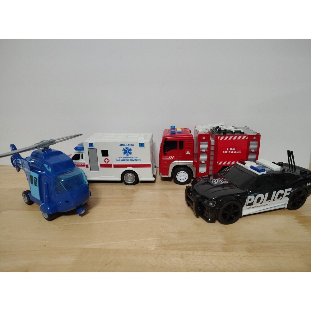 4 Emergency Vehicle Toy Friction Power Vehicles w/Light Sound Police Ambulance